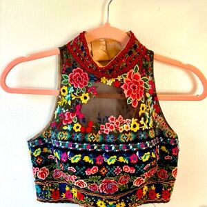 Sherri Hill Embroidered Beaded Sequin Crop Top Womens 2 Floral Boho Mock Neck